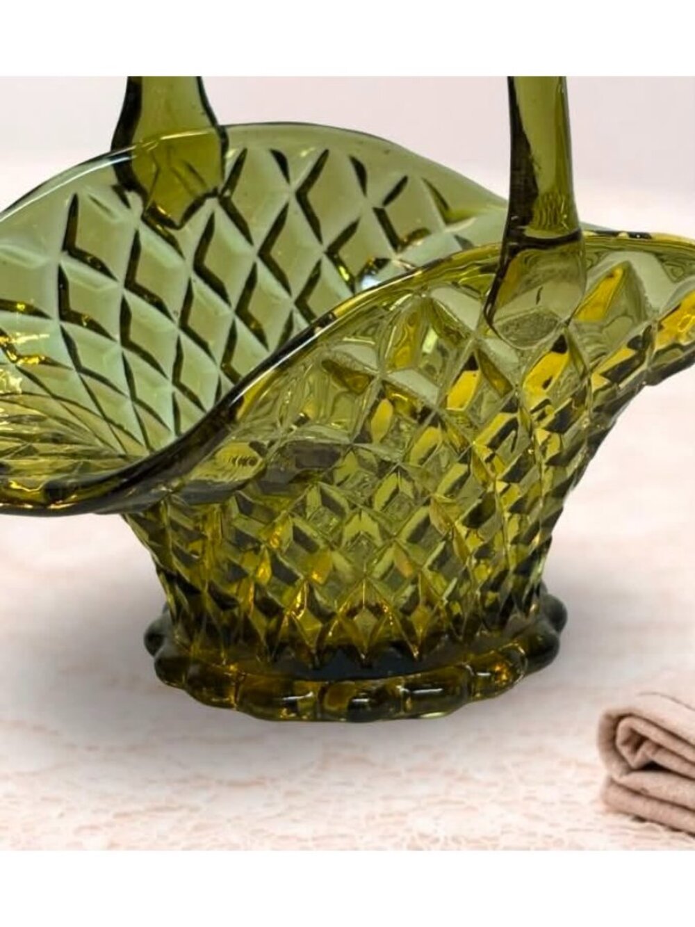Vintage Indiana Glass Olive Green Diamond Point Handled Basket 7 inches MCM - Picture 2 of 10